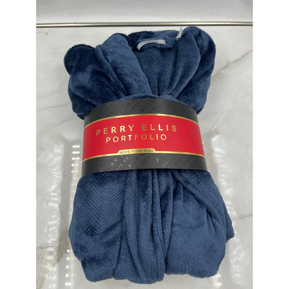 Perry Ellis Portfolio Robe Men's One Size Navy Blue Plush NWT